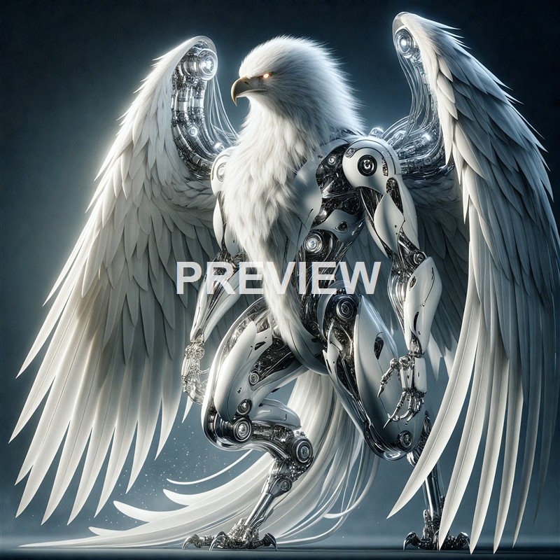 An intricate combination of a majestic eagle with a robotic, cybernetic body, featuring large white feathers and glowing mechanical parts.
